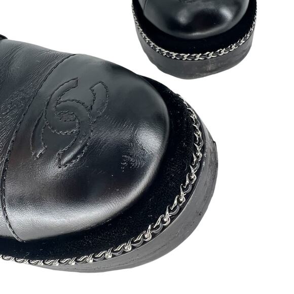 Chanel Crackled Calfskin CC Cap Toe Velvet Pearl Combat Boots in Black - Picture 8 of 16